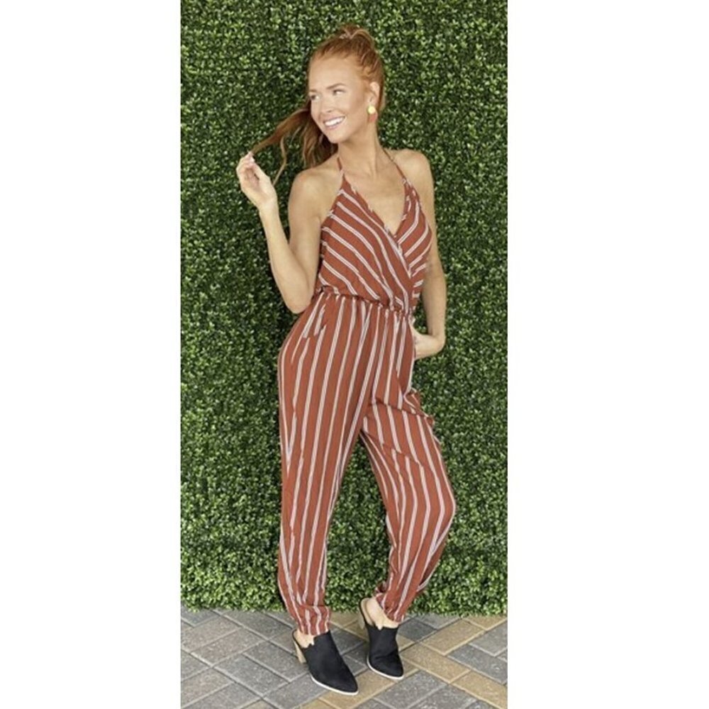 ❤️311 Karlie Halter V Neck Stripe Jumpsuit
